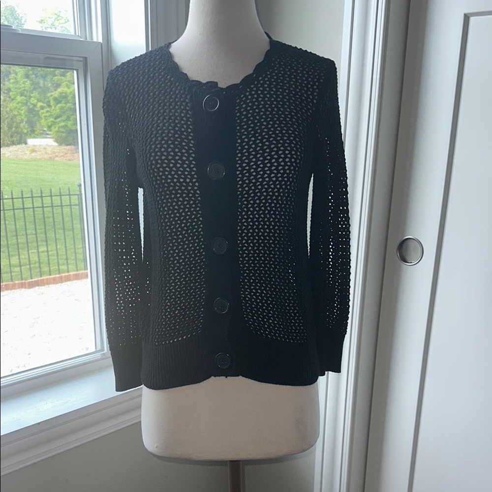 Pointelle‎ Black Textured Knit Cardigan Sweater Size Small
